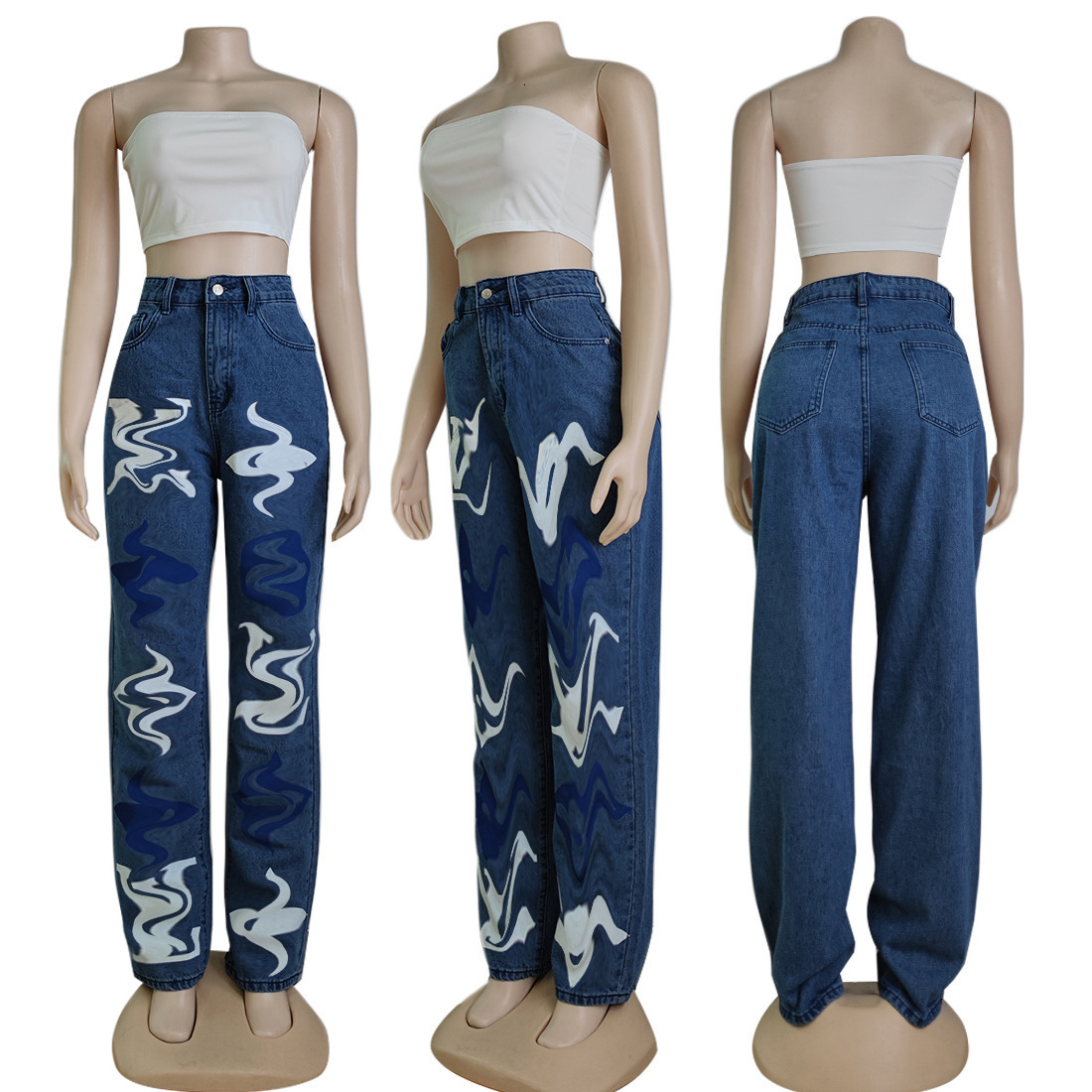 J2683 womens casual versatile denim high waisted blue washed pants jeans 4 colors