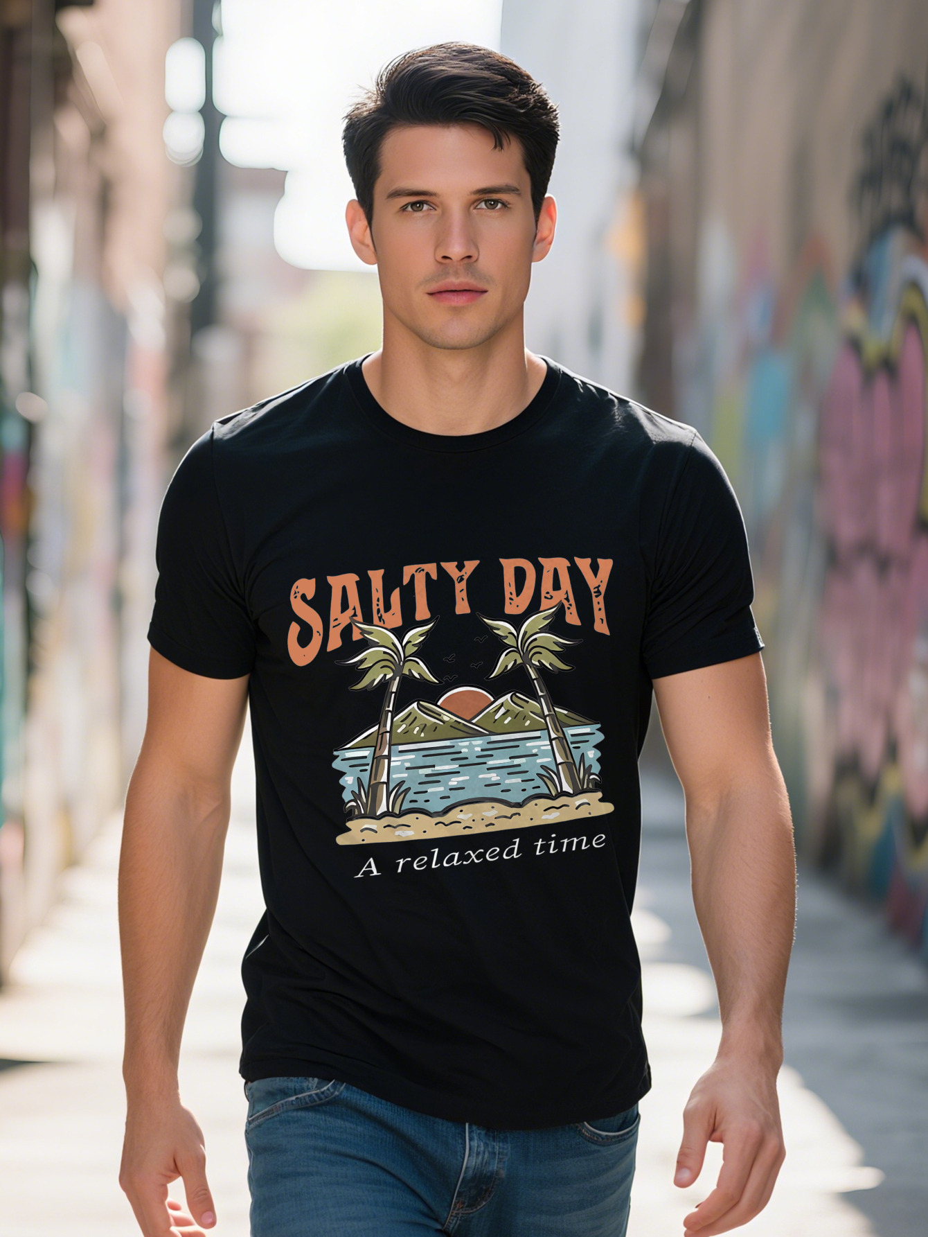 Salty Day Print Men s Crew Neck Short Sleeve Plus Size T shirt Breathable Versatile Tee For Summer Wear 3a298