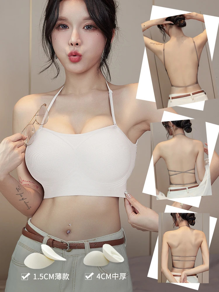 MOYISU Backless Bra Halter Neck UShape Deep Back Push Up Padded for Small Chest Sticky Adhesive Invisible Summer Strapless Bra 250724