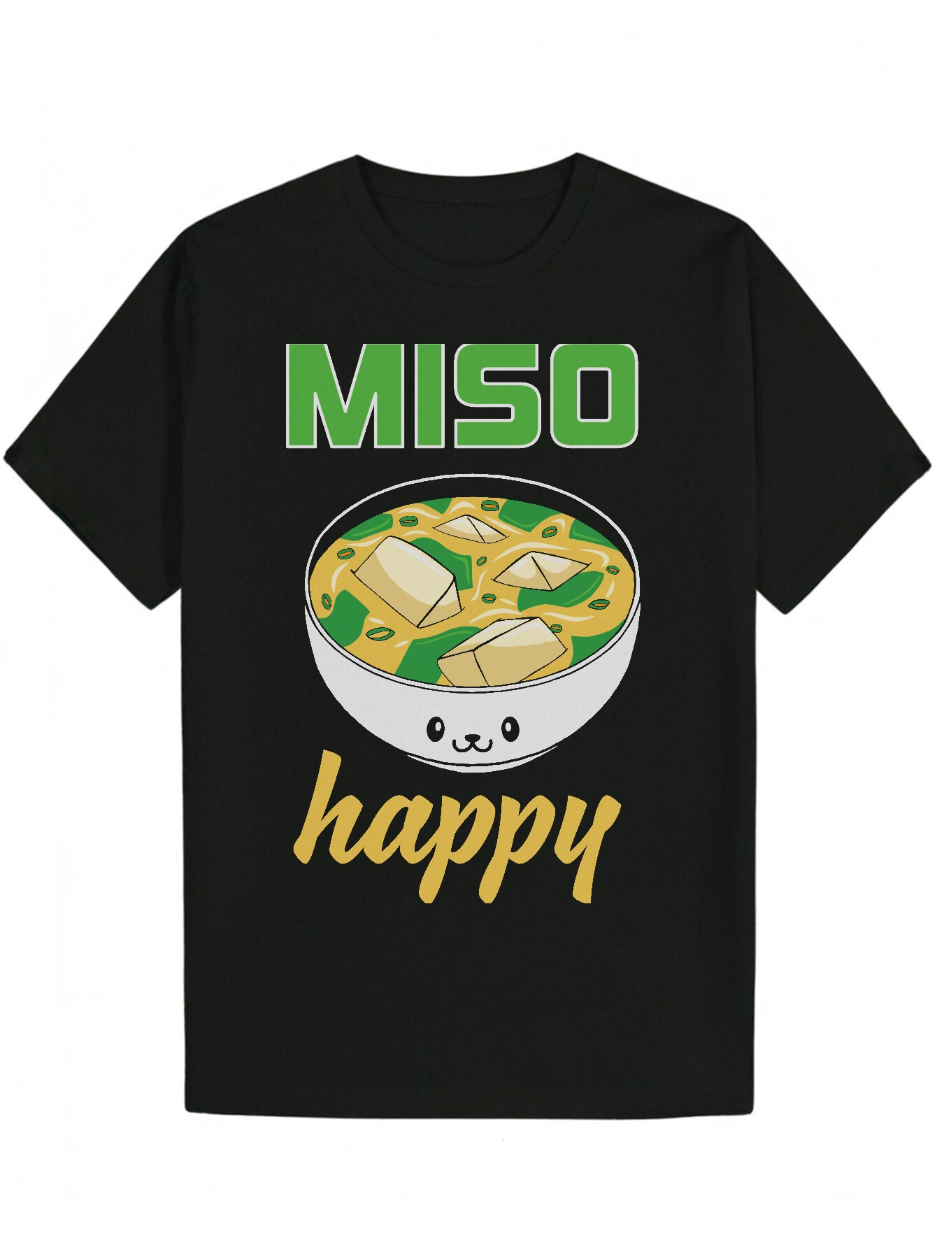 Men's Round Neck Polyester T-Shirt with 'Miso Happy' Pattern Design, Regular Fit, Summer Wear, Letter Pattern, Lightweight Fabric, Perf