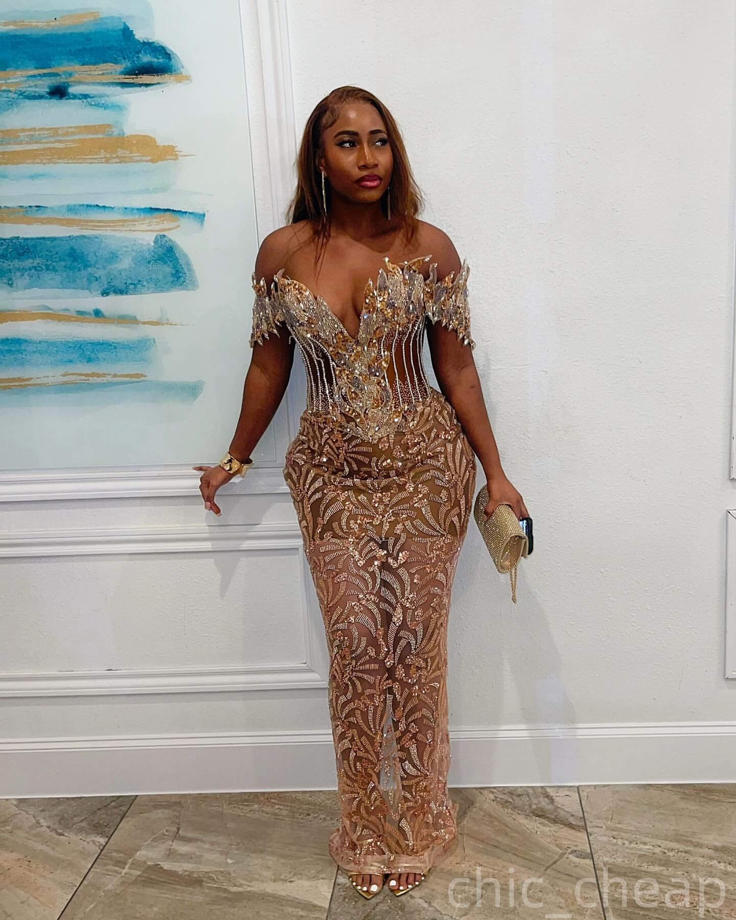 Gold Sheath Prom Dresses 2025 Off Shoulder Crystals Beaded Sequined Evening Formal Party Second Birthday Engagement Gowns Plus Size Dress For Special 