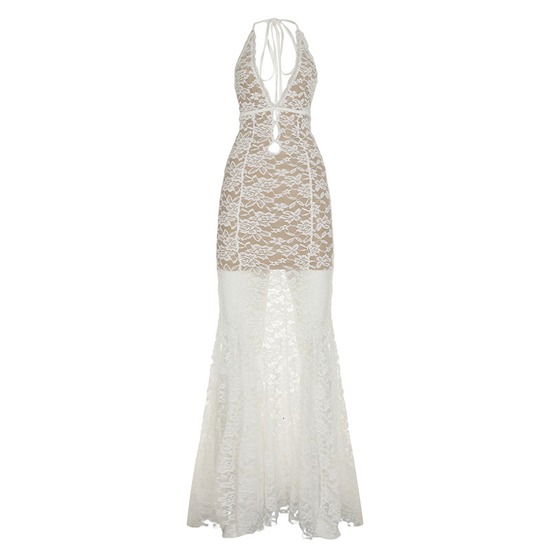 2025 summer European and American vacation style backless lace hollow out dress sexy backless elegant mermaid fashion dress long skirt new designer dr