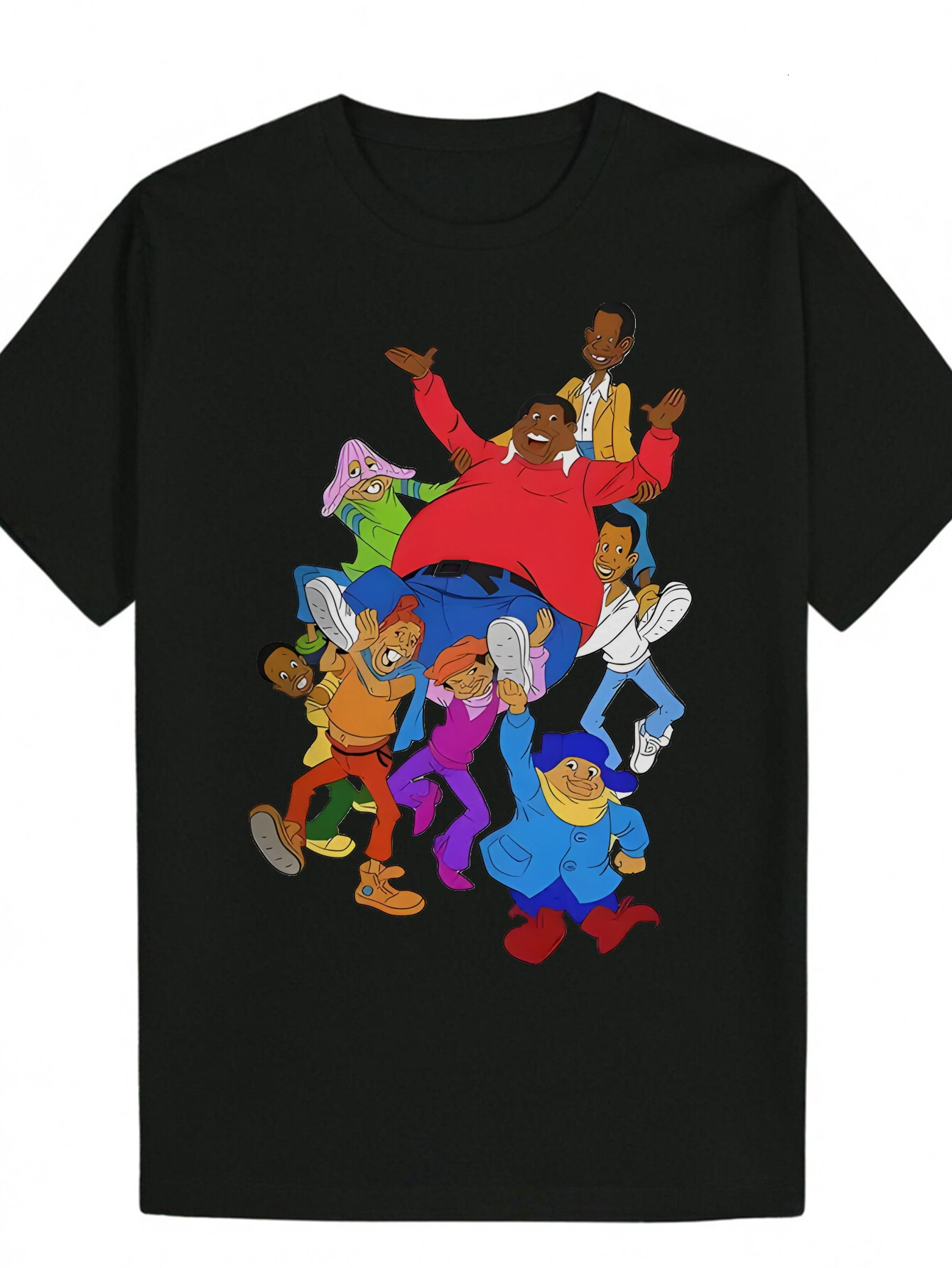 Men's Summer Pattern T-Shirt - Black Vibrant Cartoon Character Print, Breathable Polyester Crew Neck T-Shirt, Machine Washable, Suitable for Casu