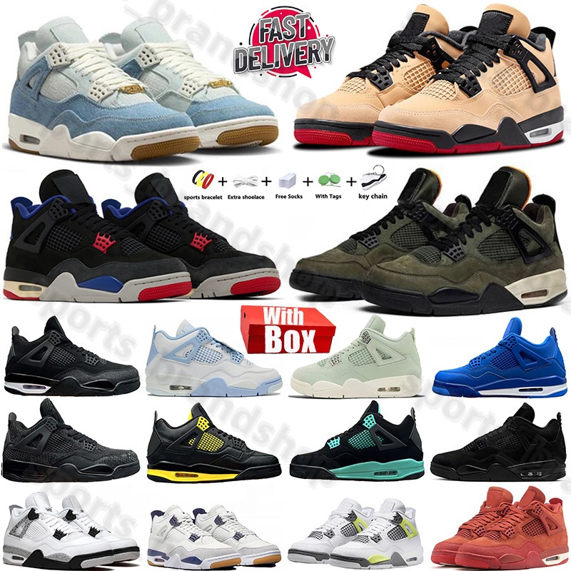 With Box Mens 4 Basketball Shoes Black Cat 4s Sneakers Denim White Thunder Olive Sail Bred White Cement Cool Grey UNDEFEATED Pizza Seafoam Men Women Sport Trainers