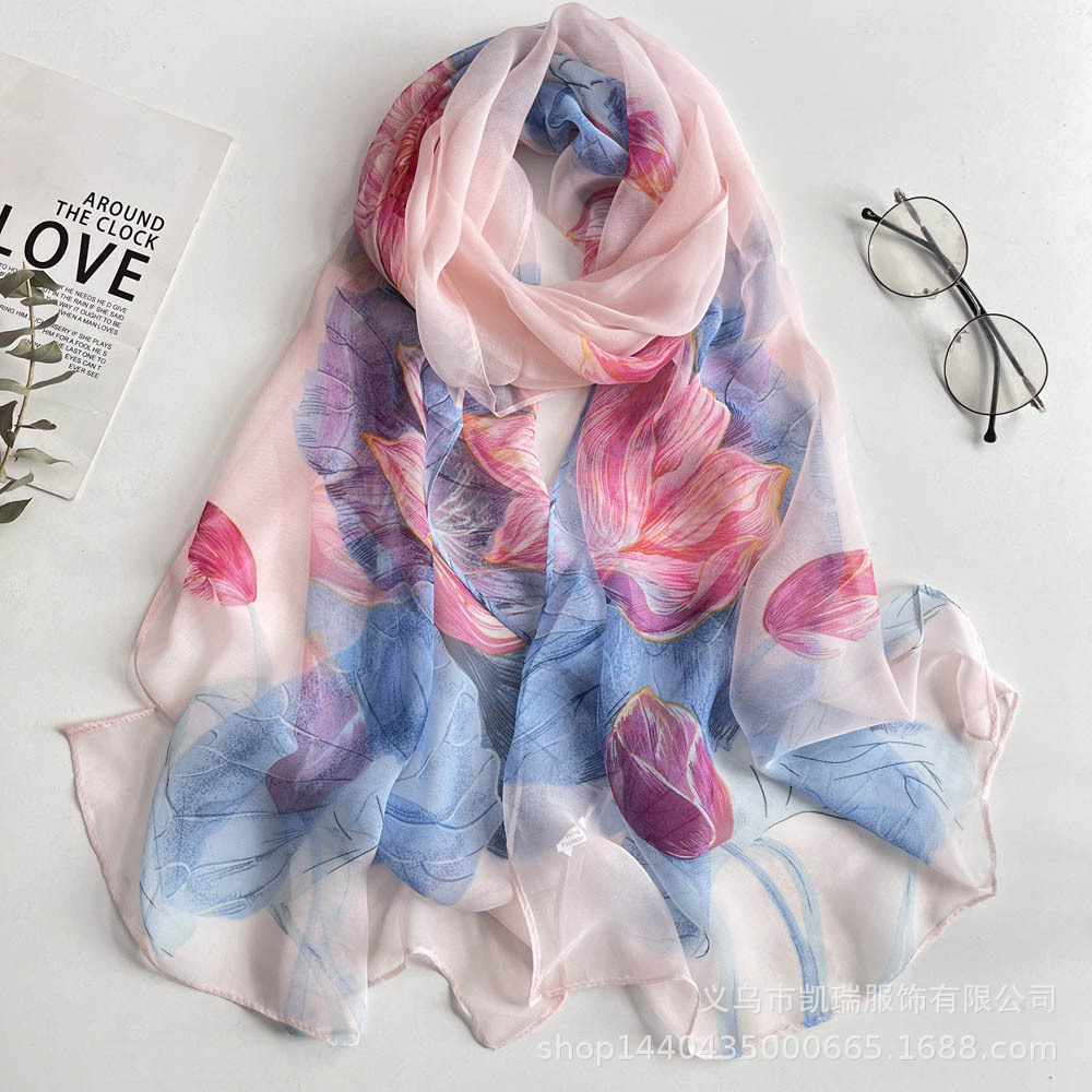 K1581 Thin silk scarf spring and summer spinning chiffon imitation silk scarf long printed women's lotus decoration beach towel wholesale