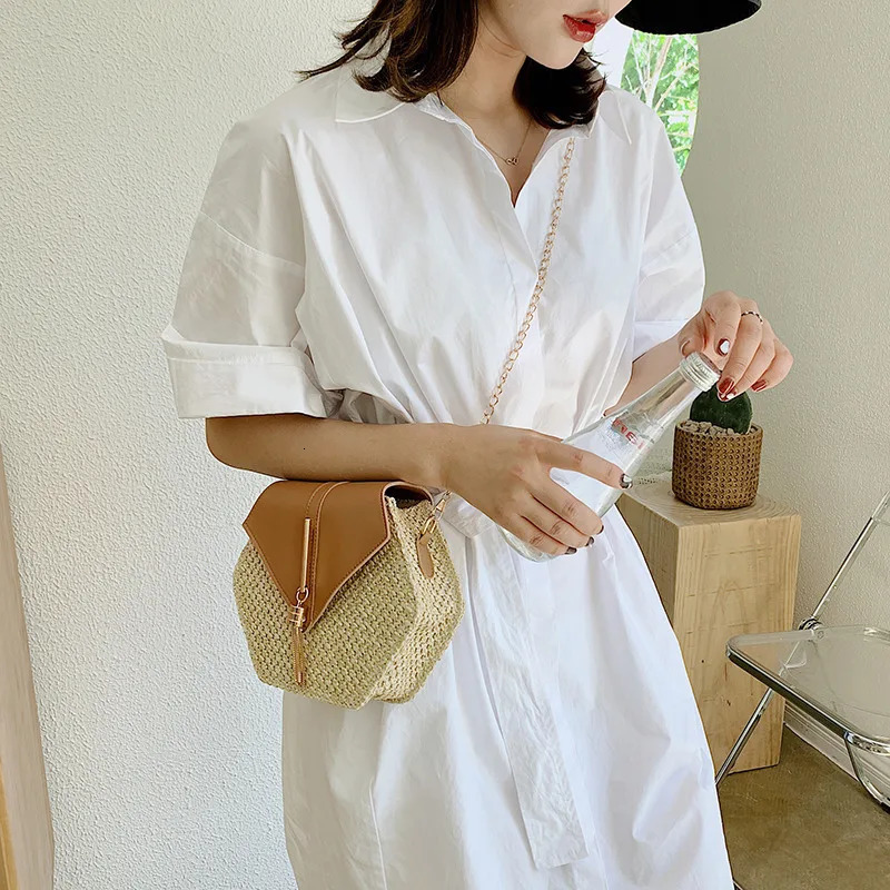 Hexagon Shape Straw PU Leather Handbag Women Summer Rattan Bag Handmade Woven Beach Bohemia Chain Strap Shoulder Crossbody Bags 250801