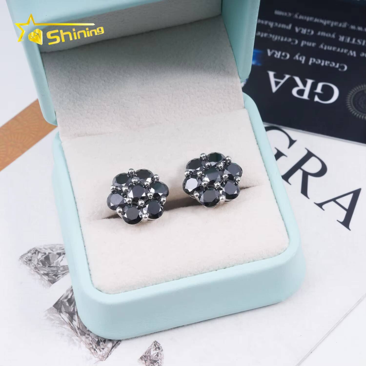 Hot Sale Fine Jewelry Black Diamond Hip Hop Iced Out 925 Sterling Silver Flower Moissanite Earrings
