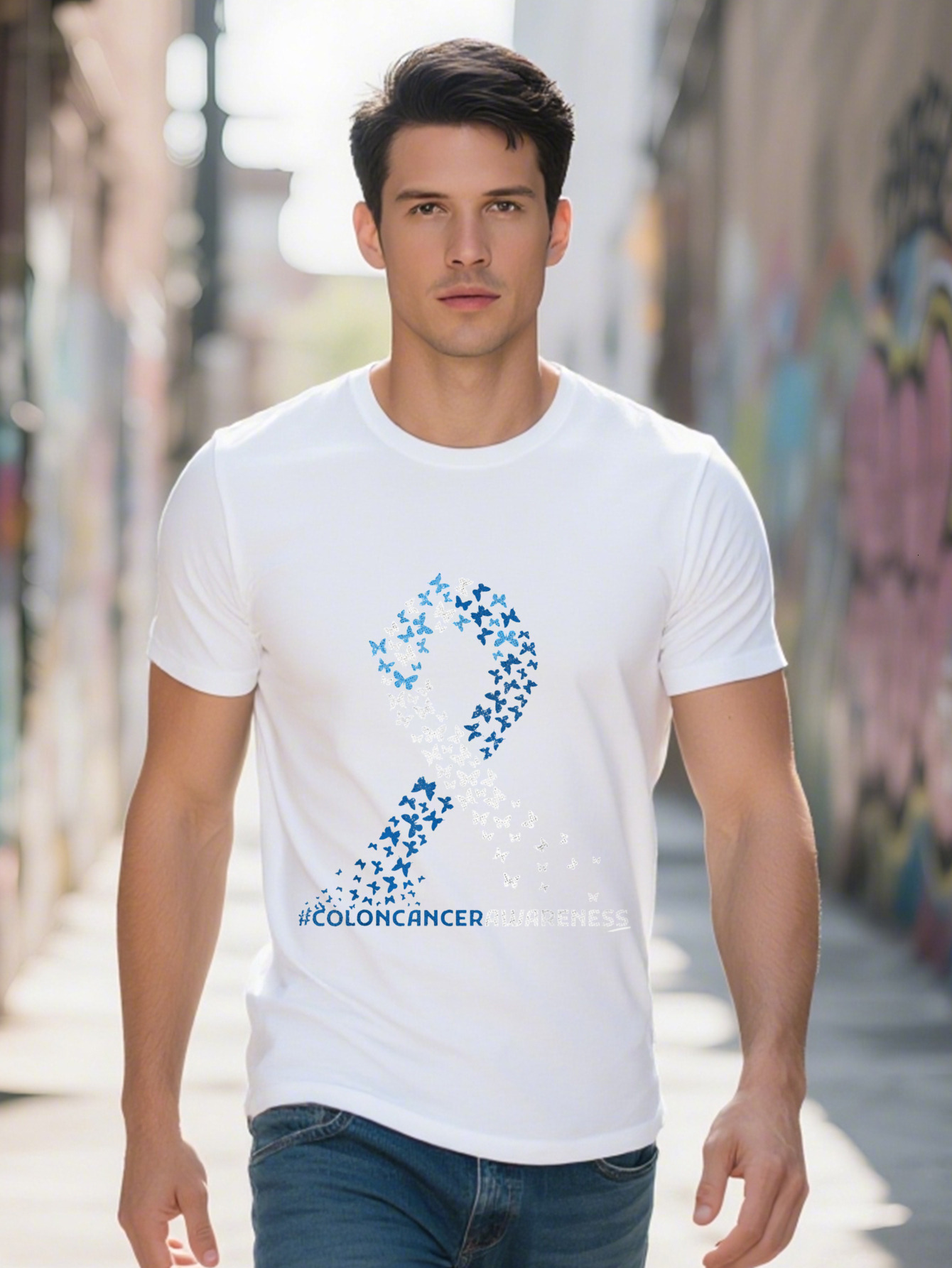Colon Cancer Awareness Colonoscopy Blue Ribbon Butterflies T Shirt Cotton f76c5