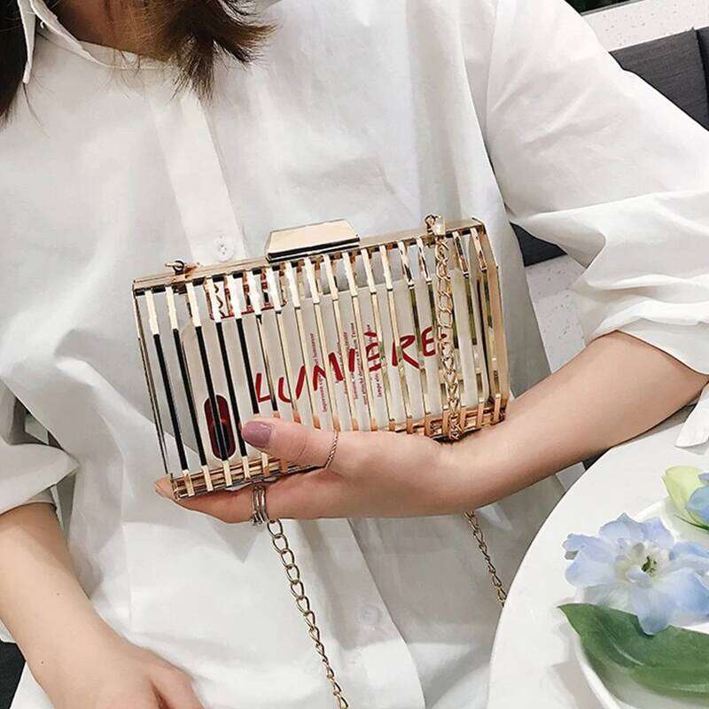 Gold Chain Crossbody Bags Iron Cage Metal Hollow Out Evening Clutch Purse Women Party Wedding Handbags Prom Bolso