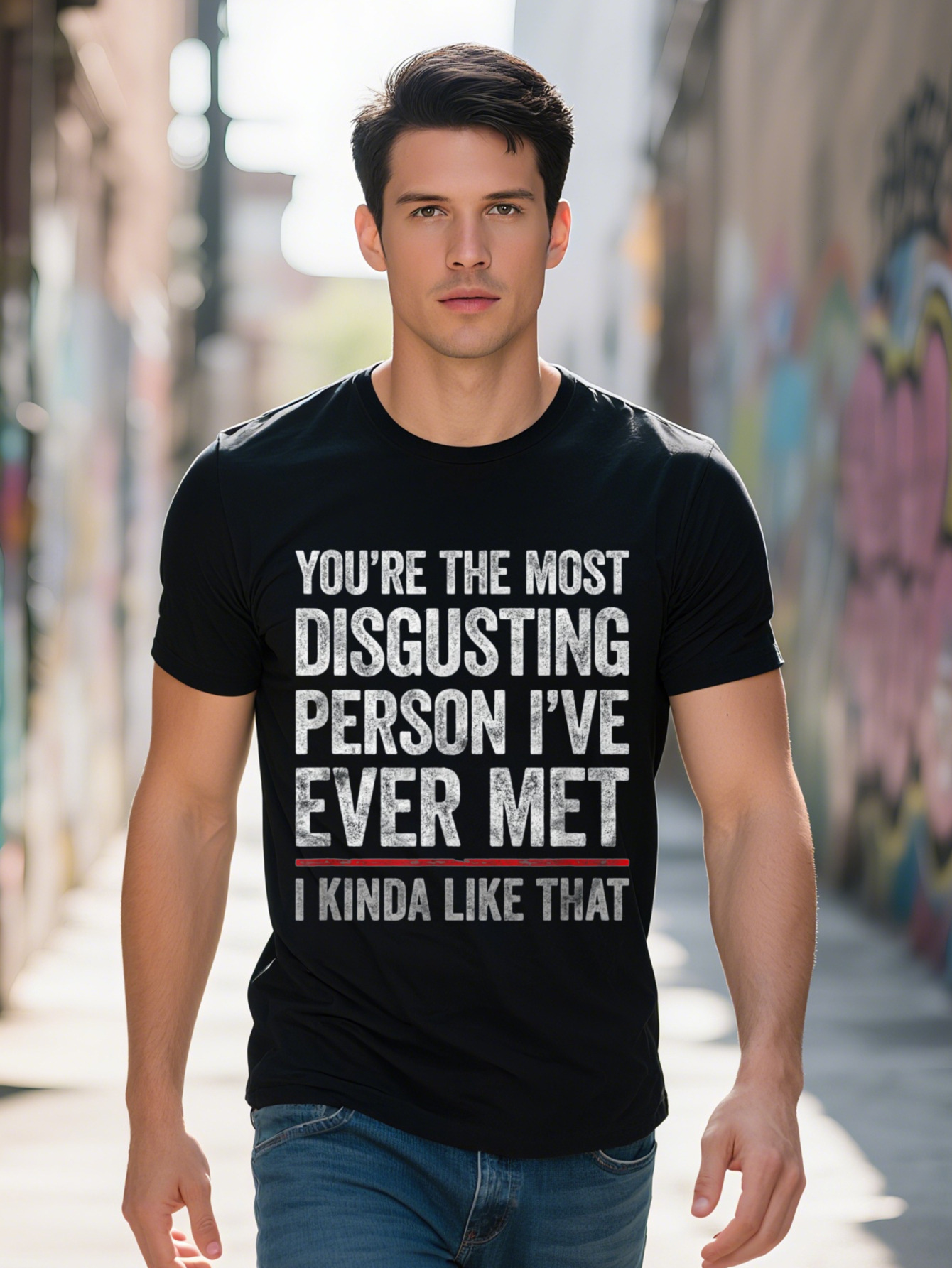 Men s Funny Sarcasm T Shirt You're the Most Disgusting Person I've Ever Met, Kinda Like That Cotton Short Sleeve 31799