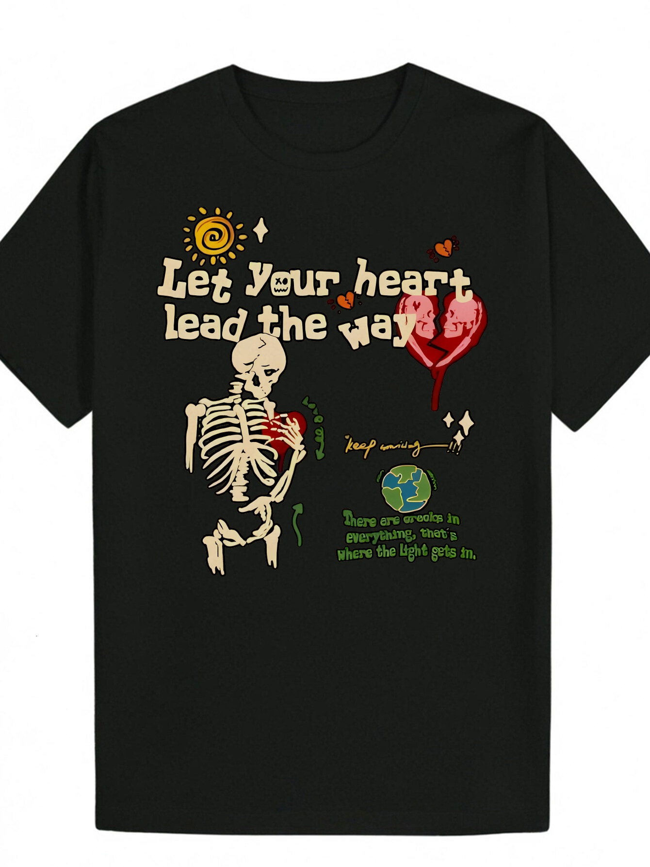 Men's Summer Pattern T-Shirt Black Inspirational Skeleton and Floral Design with Quote "Let Your Heart Lead the Trend" - 100% Polyester