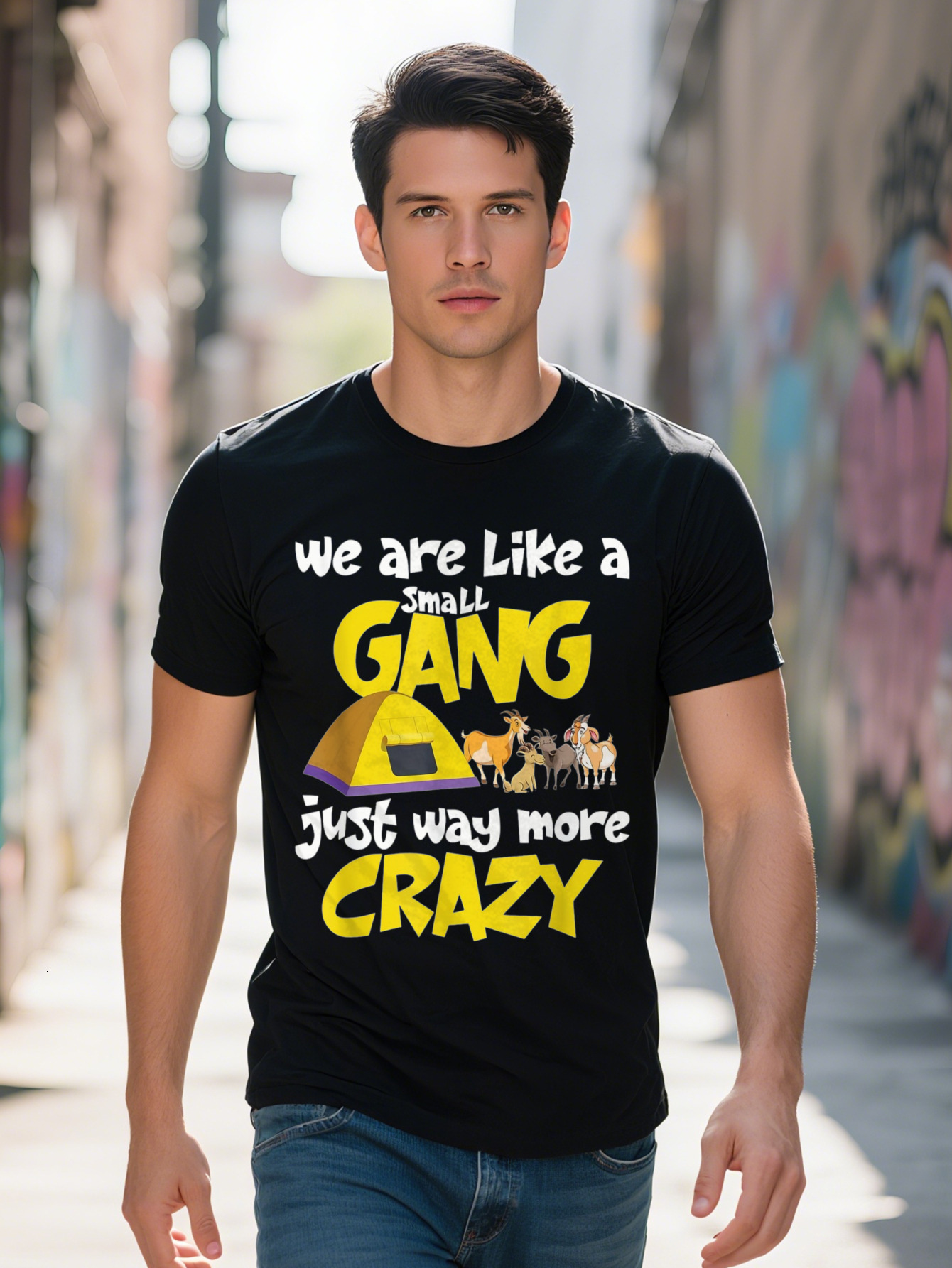 Men S T-shirt g Cotton Funny We Are Like A Small Gang Crazy Goats Camping Team Gift T Shirt cb0ac 7056e