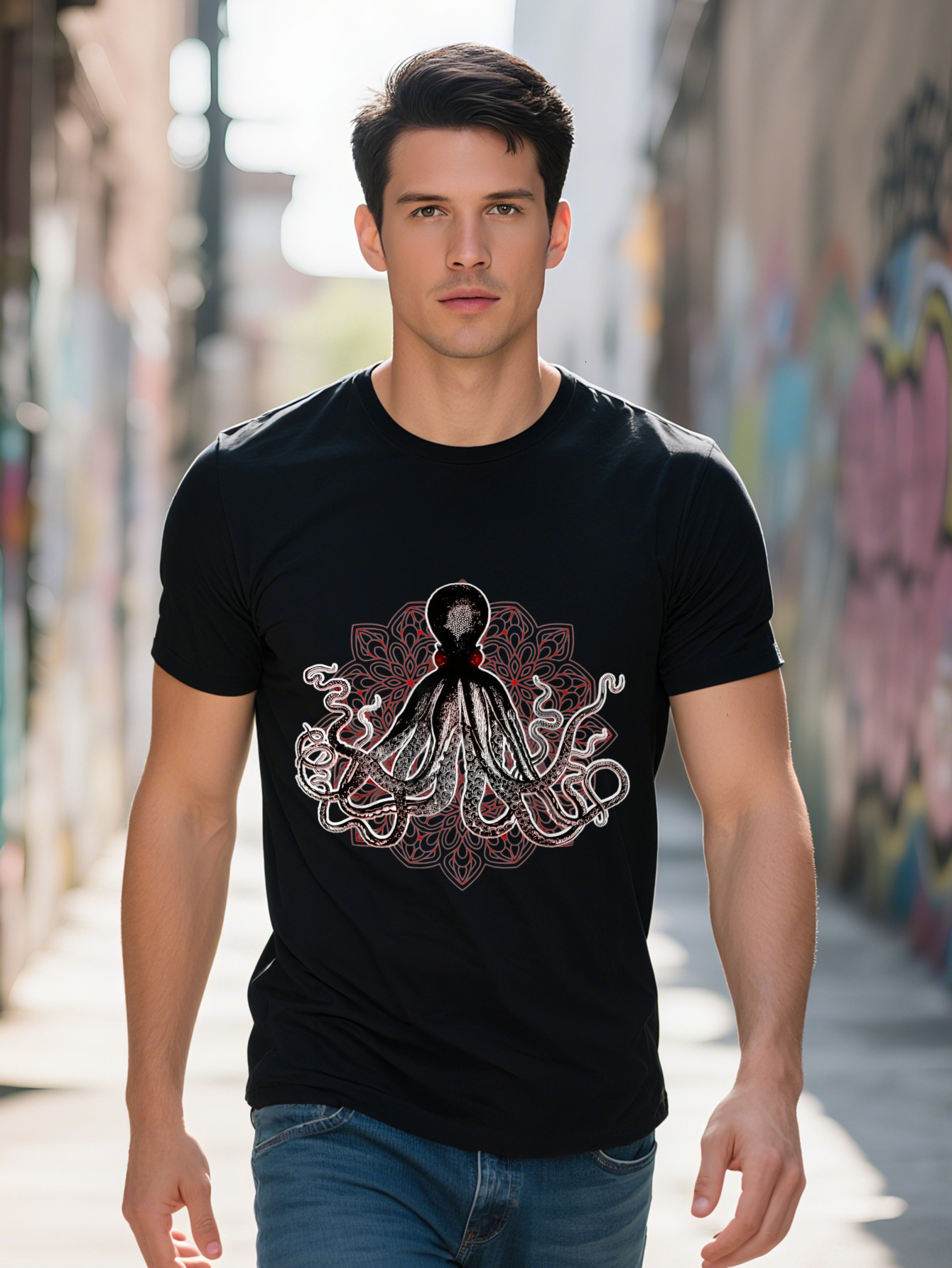 Men s Cotton Octopus Graphic T-Shirt Black with Red White Ocean Design Casual Sea Creature Lover Gift Short 1c1b3