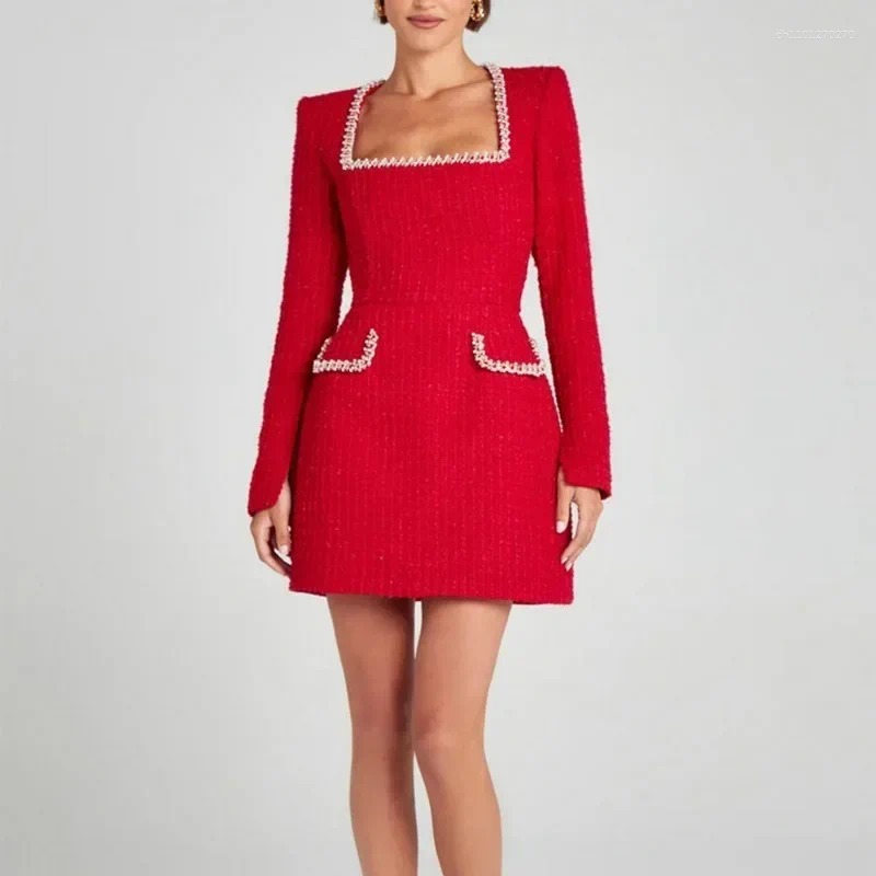 Elegant Long Sleeve Tweed Dress: Women's Retro Evening Gown, Square Neck Party Vestido C260312