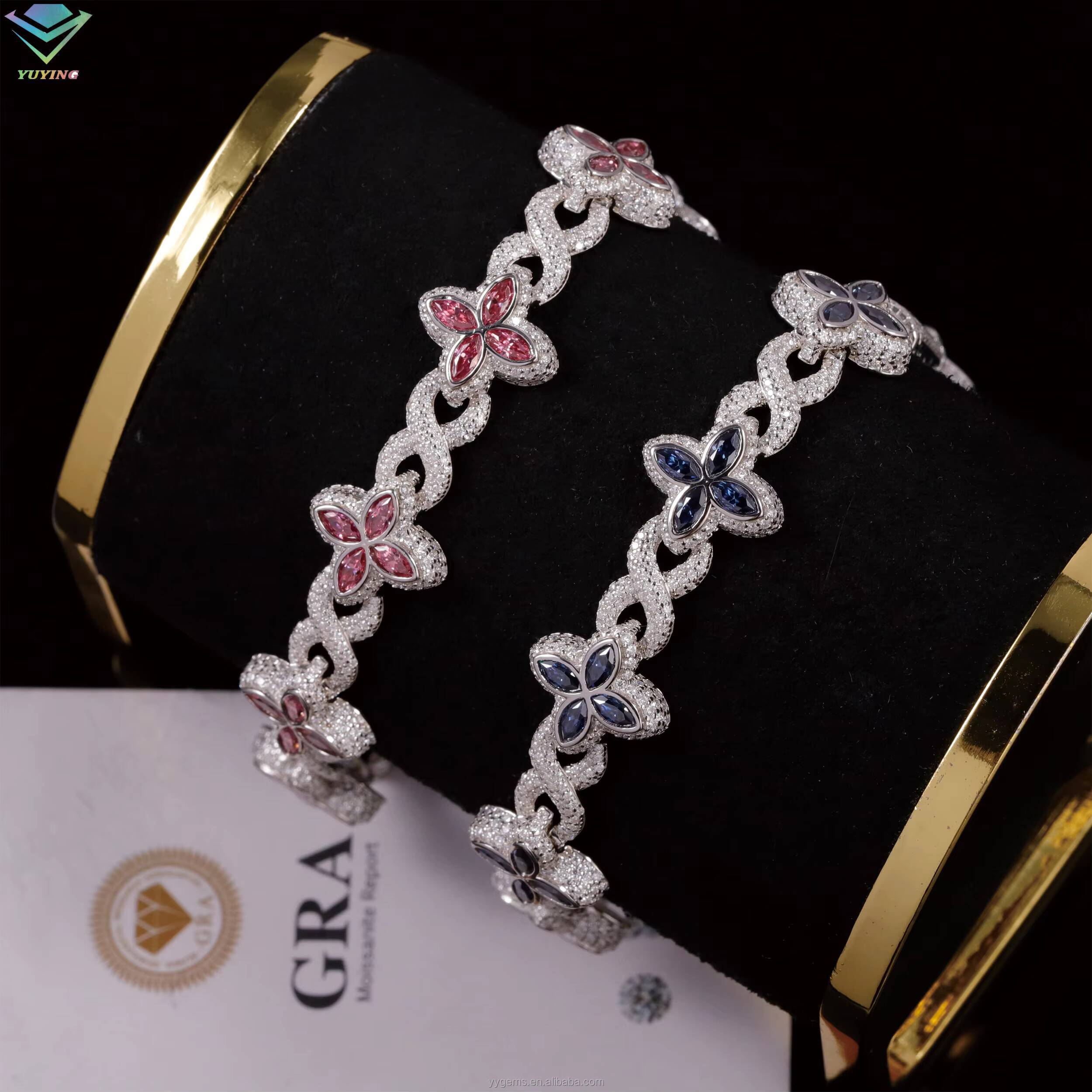 Fashion Hip Hop Jewelry 12mm Rose Gold 925 Sterling Silver Colored Moissanite Diamond Four Leaf Clover Infinity Link Bracelet