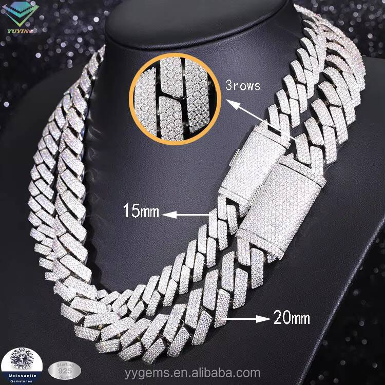 Heavy Silver 15MM 20MM 3Rows Cuban Chain Necklace White Gold Plated Moissanite Diamond Cuban Link Chain