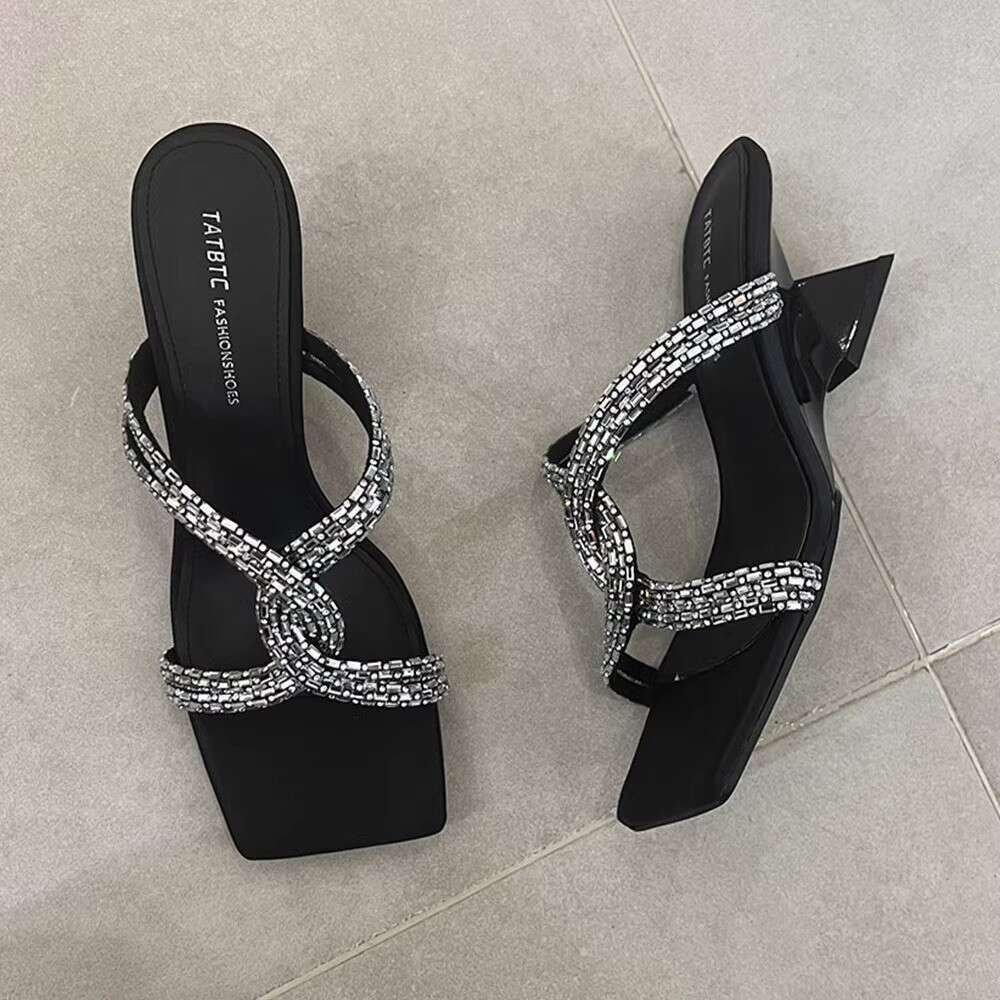 2025 Summer New Open-Toe Slippers 35-42 designer shoes for Women, Elegant Square Toe with Rhinestones, Cross Strap High Heels