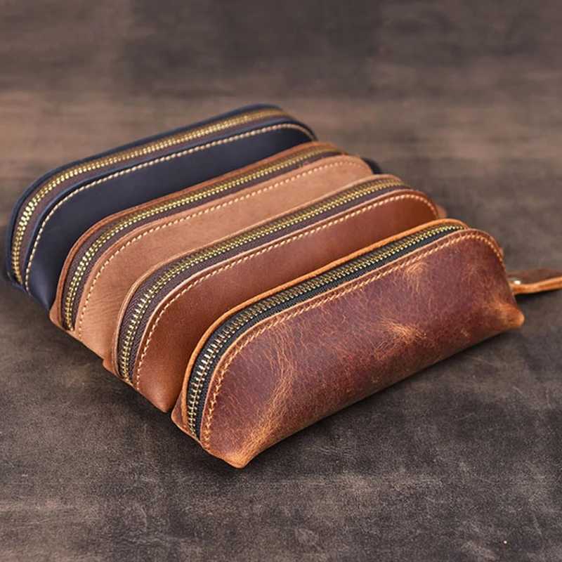 Handmade Genuine Leather Pencil Bag Vintage Retro Style Cowhide Zipper Pen Case School Bag Office Stationery Drop Shipping G250802