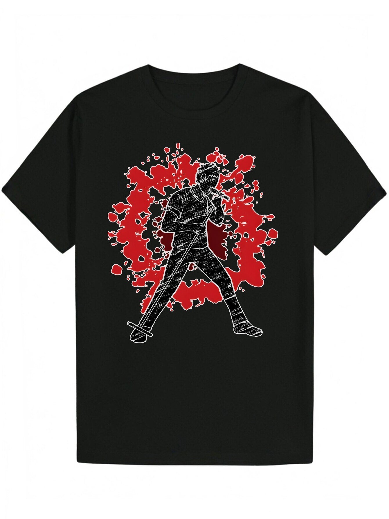 Men's Summer Pattern - Black Polyester Crew Neck T-Shirt with Dynamic Warrior Print, Short Sleeve, Lightweight and Breathable, Suitable for Casua