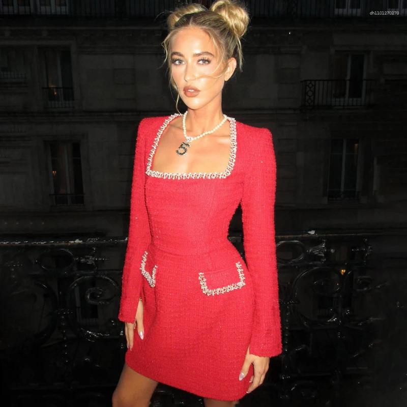 Elegant Long Sleeve Tweed Dress: Women's Retro Evening Gown, Square Neck Party Vestido C260312