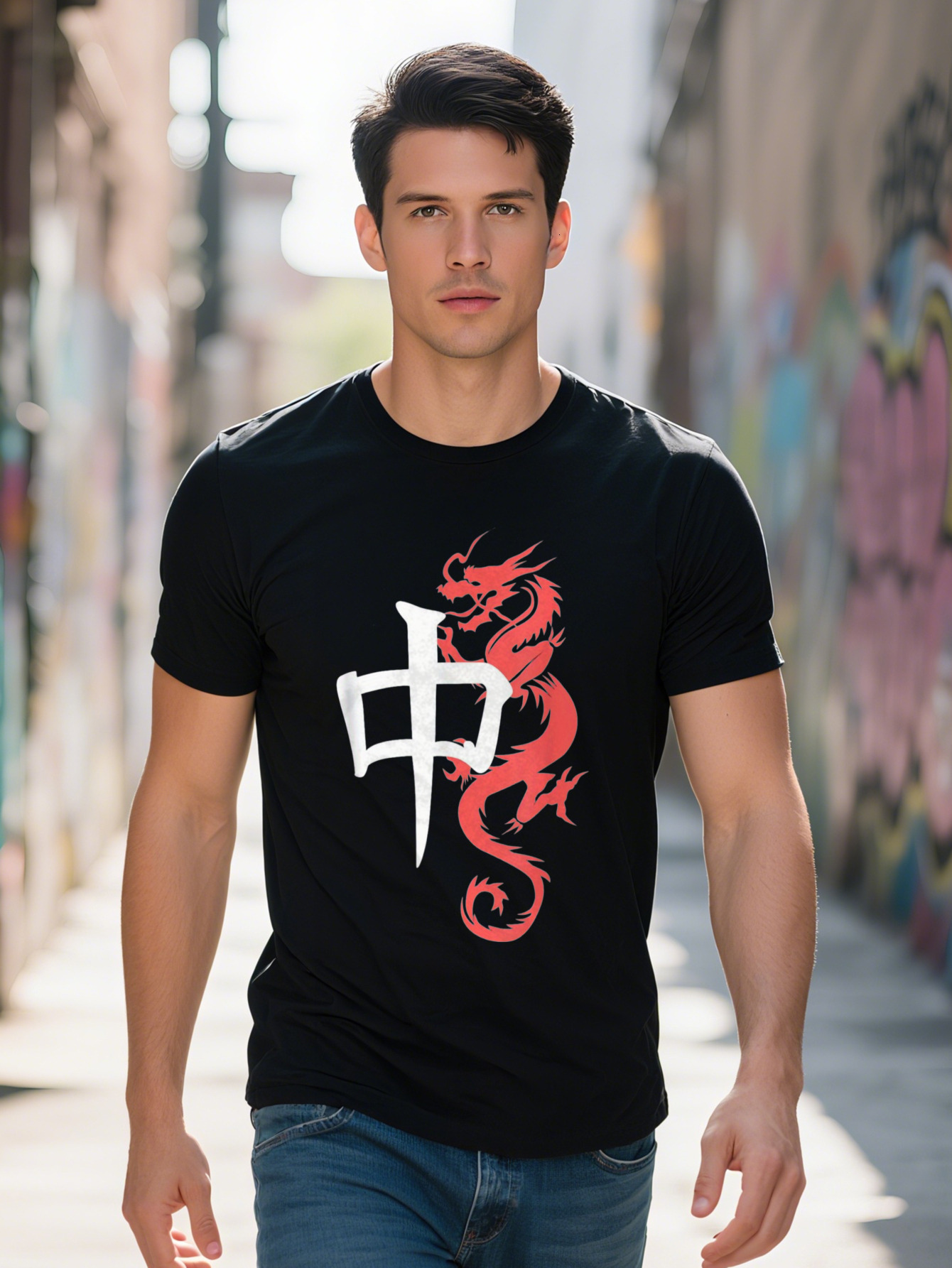 Men s Black T Shirt with Vibrant Red Dragon Design Short Sleeve Crewneck is Lightweight and Breathable for Attire d7254