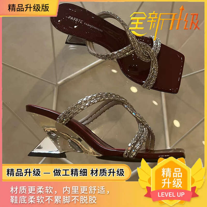 2025 Summer New Open-Toe Slippers 35-42 designer shoes for Women, Elegant Square Toe with Rhinestones, Cross Strap High Heels