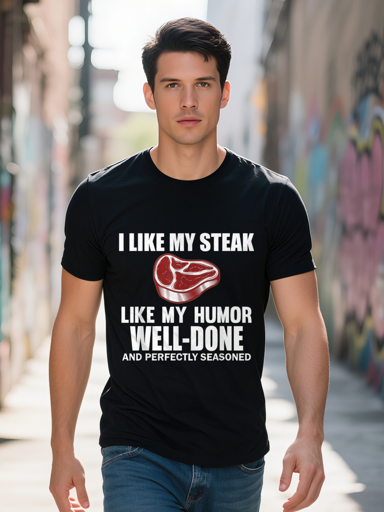 Men s g Cotton T Shirt Funny I Like My Well Done Seasoned Graphic Tee with Cartoon Steak Design Regular Fit cff12
