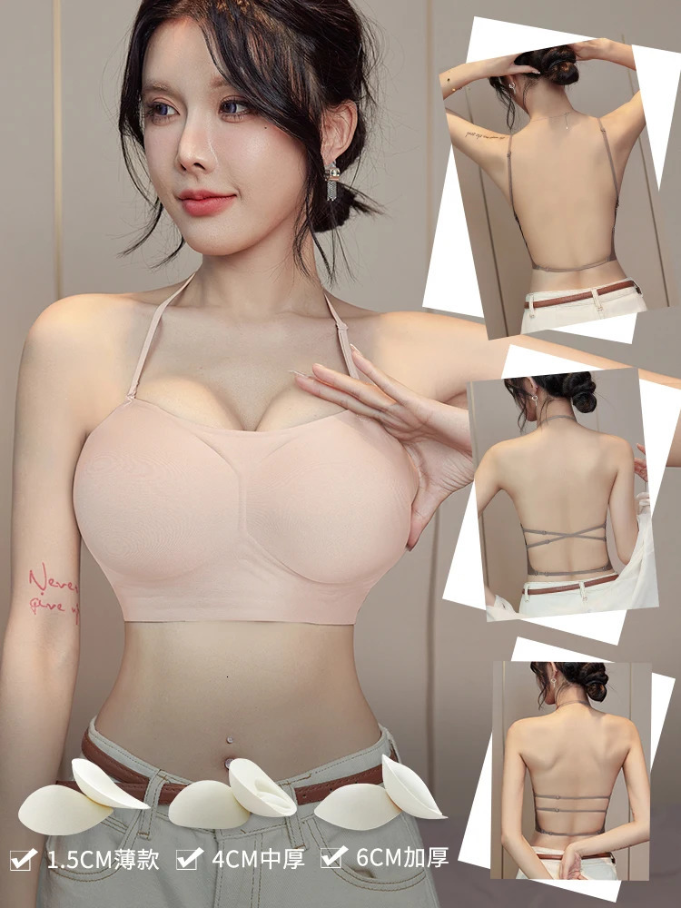 MOYISU Backless Bra Halter Neck UShape Deep Back Push Up Padded for Small Chest Sticky Adhesive Invisible Summer Strapless Bra 250724
