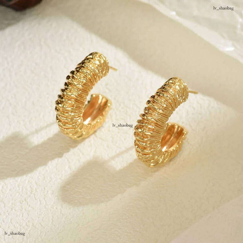 DHcollections 14K Gold Lava Rock Exaggerated Earrings Post-Apocalyptic Style Striped Thread C-Shaped Stud Irregular Ear Jewelry