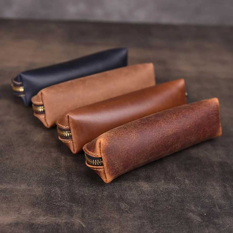 Handmade Genuine Leather Pencil Bag Vintage Retro Style Cowhide Zipper Pen Case School Bag Office Stationery Drop Shipping G250802