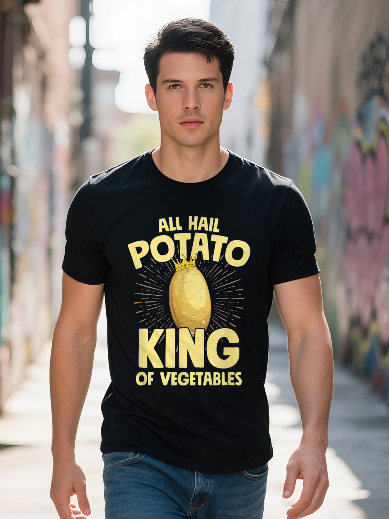 Funny All Hail King Men's T-Shirt Cotton Black with Yellow Potato Design Casual Crew Neck Short Sleeve deac3