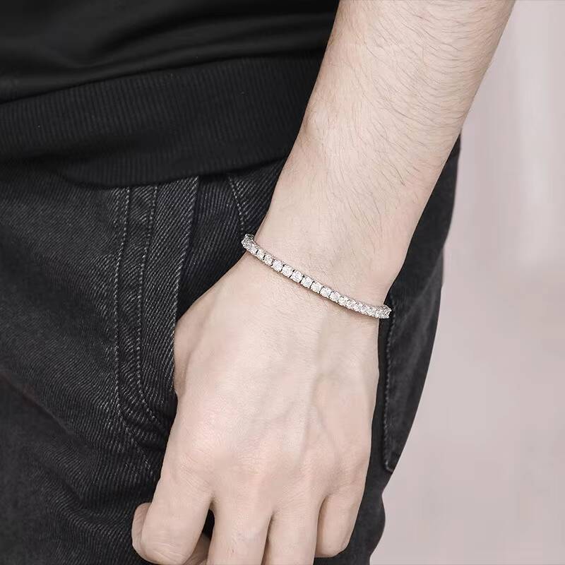 925 Sterling Silver White Gold Plated Round Brilliant Cut Moissanite Tennis Chain Bracelet for Women 4MM Moissanite for Gifts
