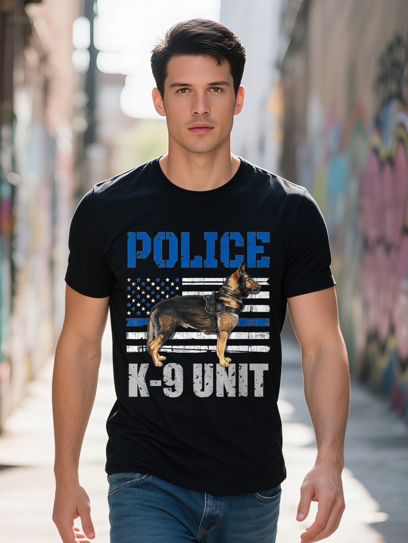 Police Thin Blue Line American Flag K Dog Handler T Shirt Cotton 231b0