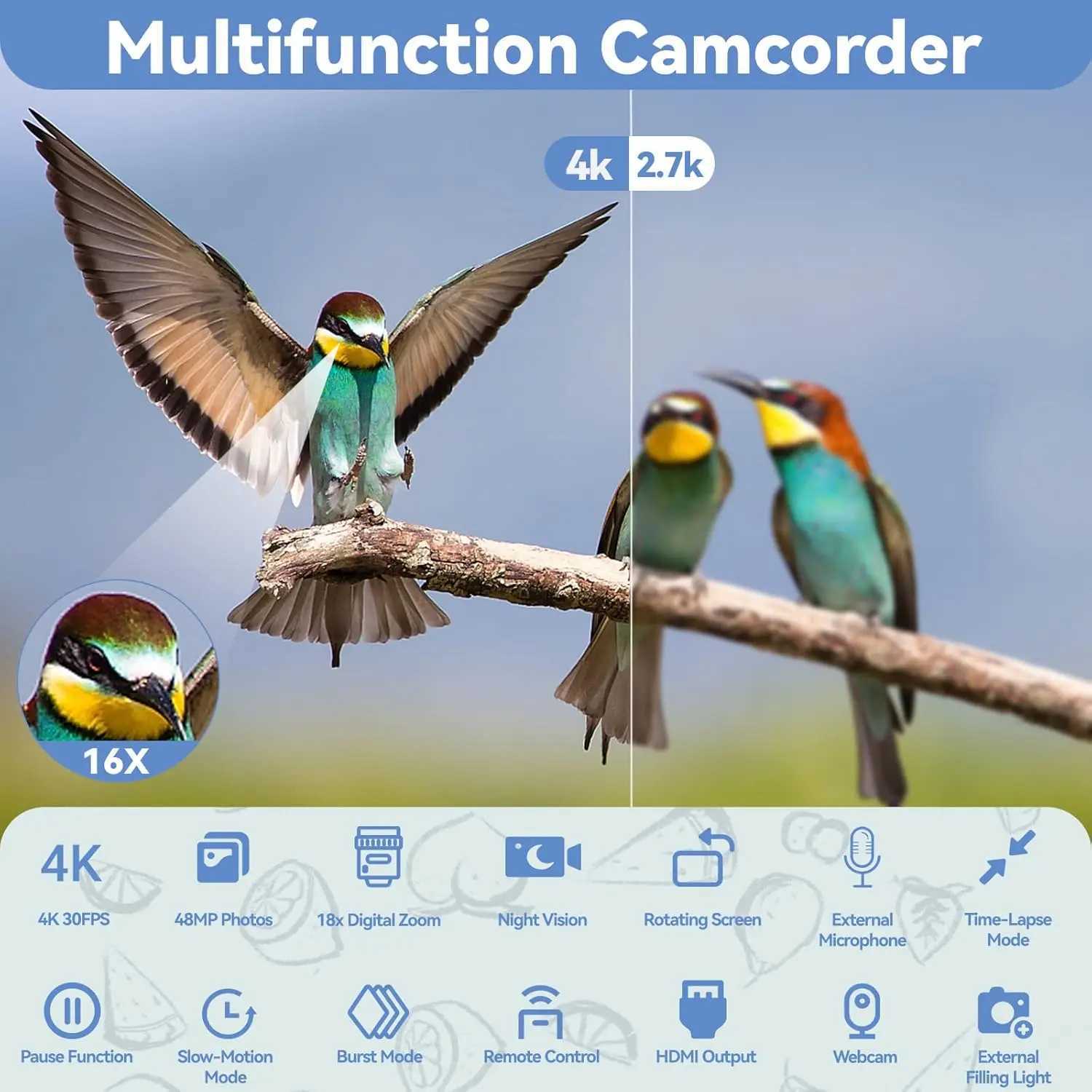 4k Video Camera Camcorder with 18X Digital Zoom 48MP Vlogging Camera for YouTube 3.0-inch IPS 270 Rotating Touchscreen Microphone X250804