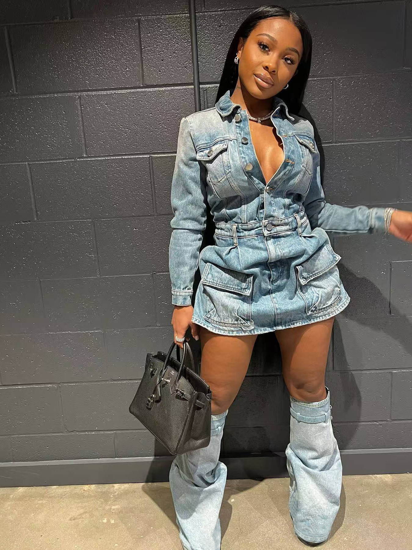 Casual Fashion Slim Belt Loop Ankle Boots Decoration Denim Dress for Women 250804