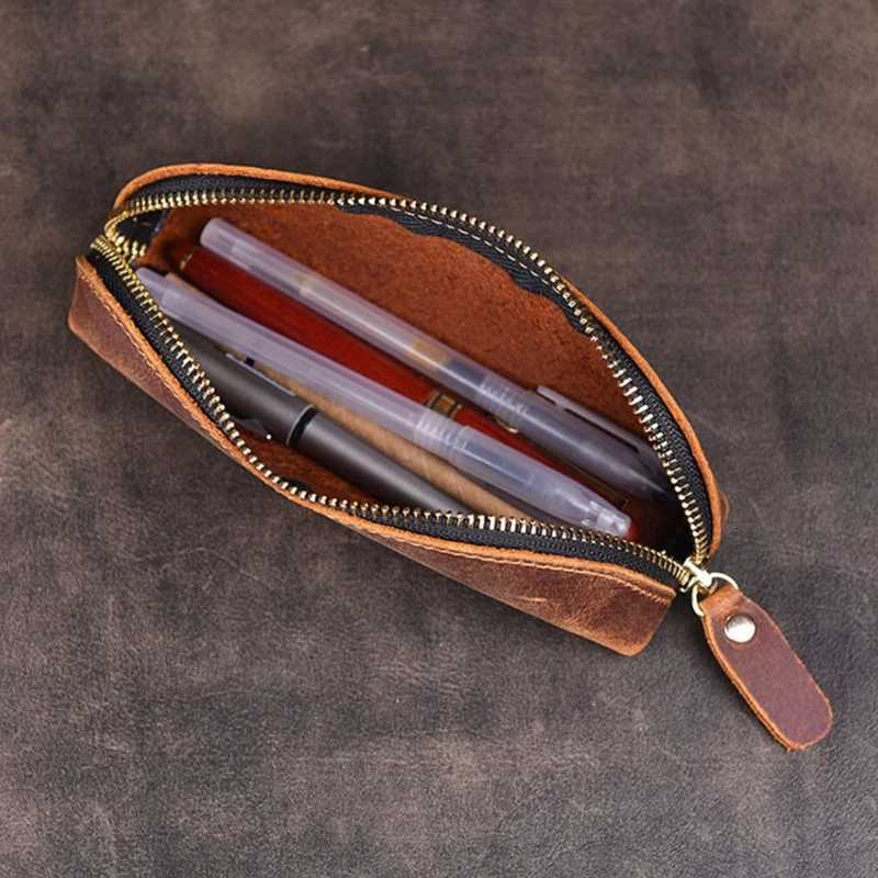 Handmade Genuine Leather Pencil Bag Vintage Retro Style Cowhide Zipper Pen Case School Bag Office Stationery Drop Shipping G250802