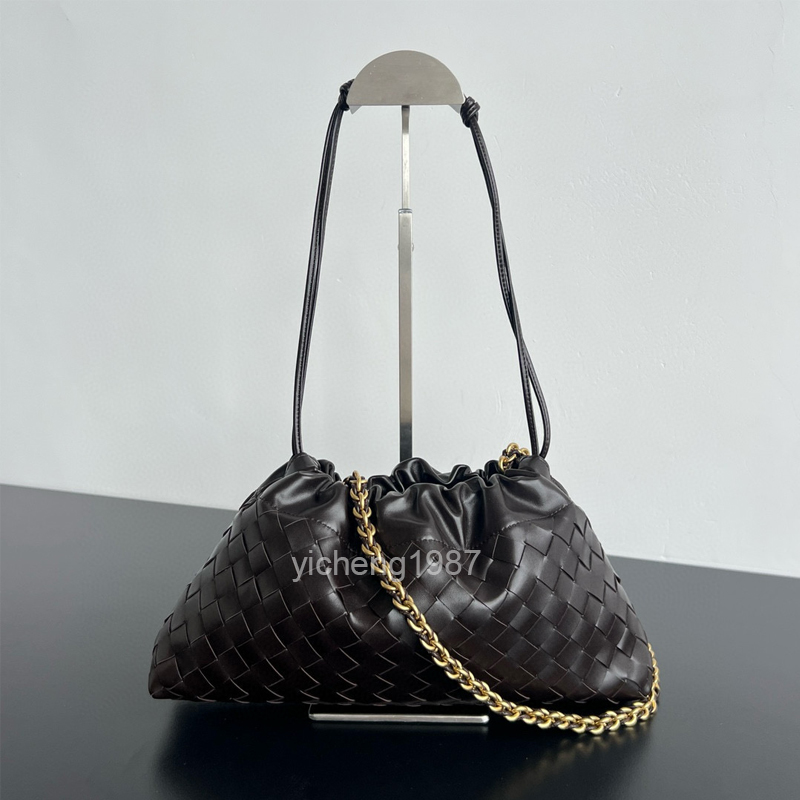 Dustbag in Hand-Woven Calf Leather with Tubular Leather Braided Metal Chain Drawstring Closure Shoulder Loop 12a mirror quality designer bag free shipping VV1556