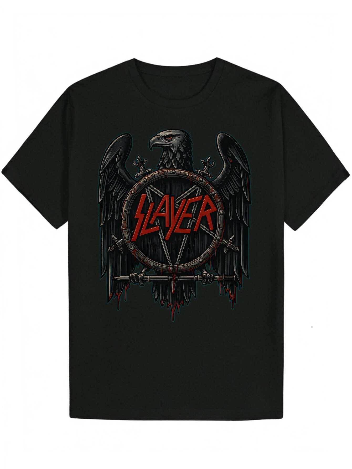 Men's Black with Eagle Emblem 'SLAYER' - Polyester Crew Neck T-Shirt, Regular Fit, Animal Pattern Design, Lightweight and Breathable, S