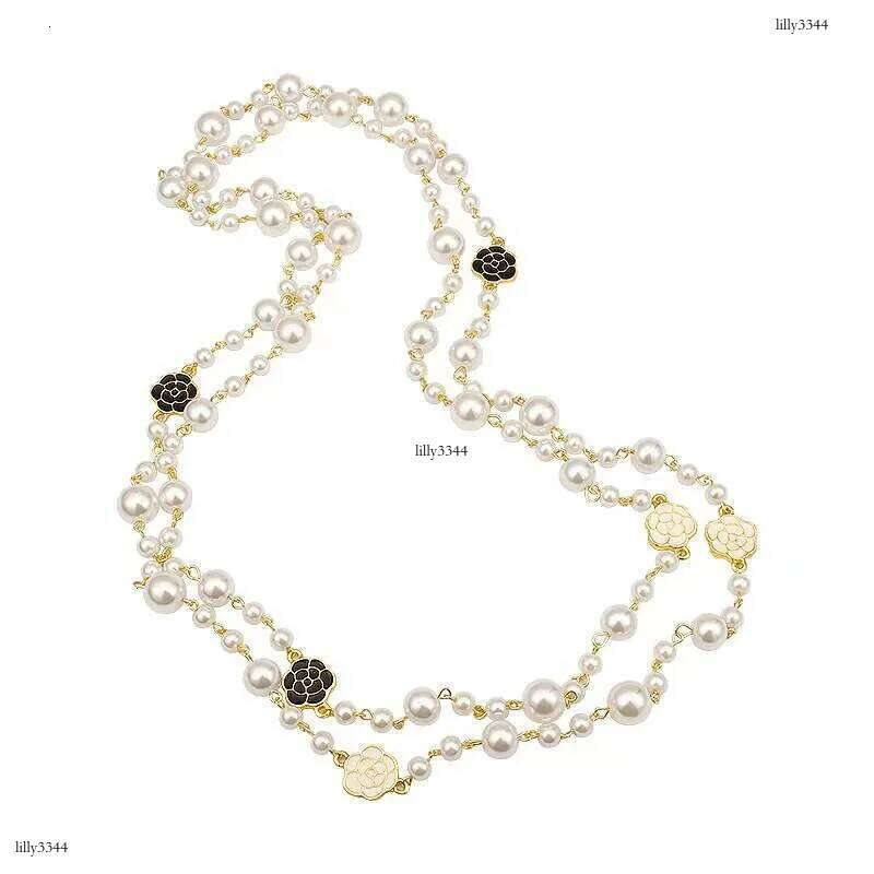 DHcollections NK-123 Oil Drip Rose Flower Style Pearl Layerable Long Sweater Chain Necklace Jewelry Wholesale