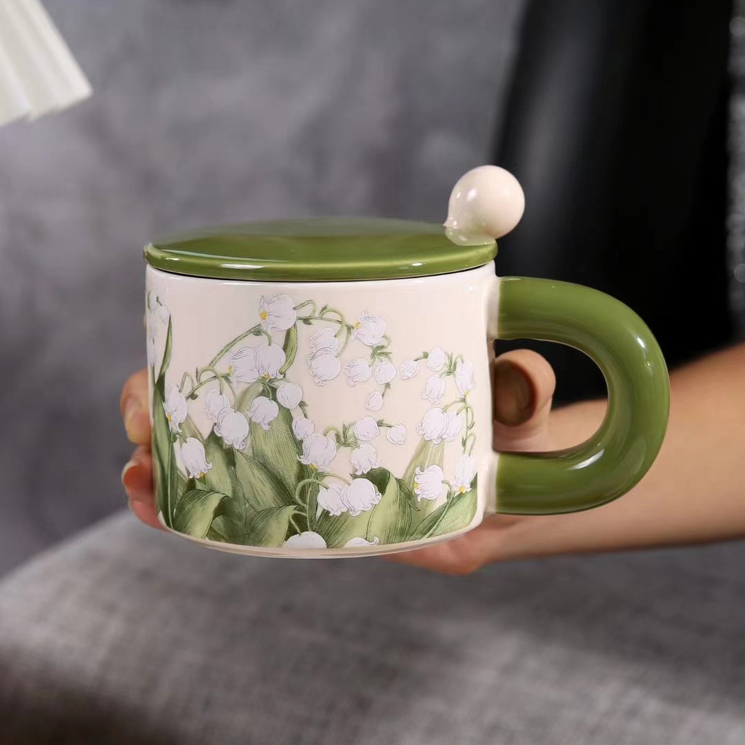 Light Luxury Flower Ceramic Cup with Lid and Spoon, High-Value Home Drinking Office Coffee Tea Cup, Mug