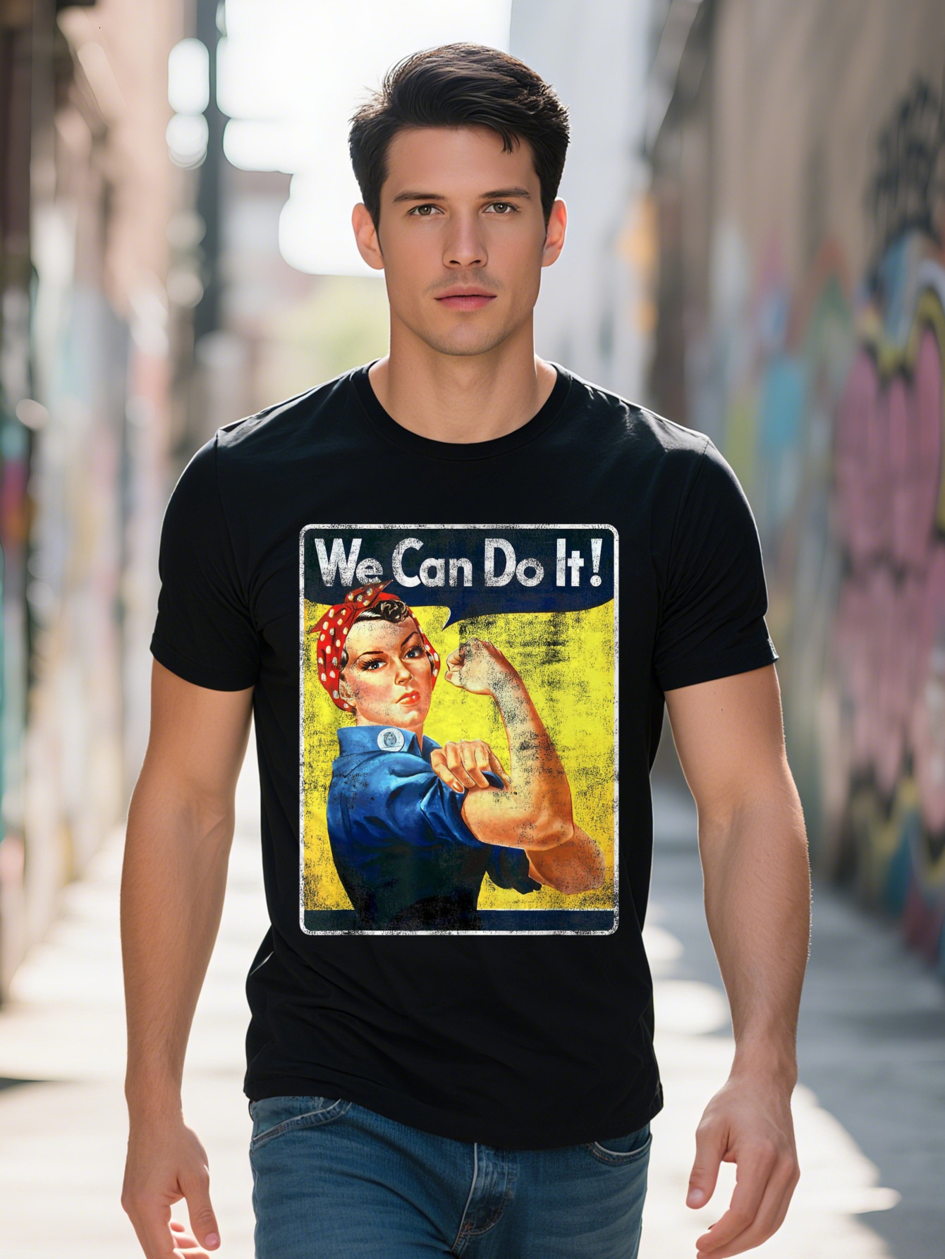 terge i aceast traducere We Can Do It Rosie the Riveter Feminist T Shirt Cotton Short Sleeve Crew Neck hine Washable Black with
