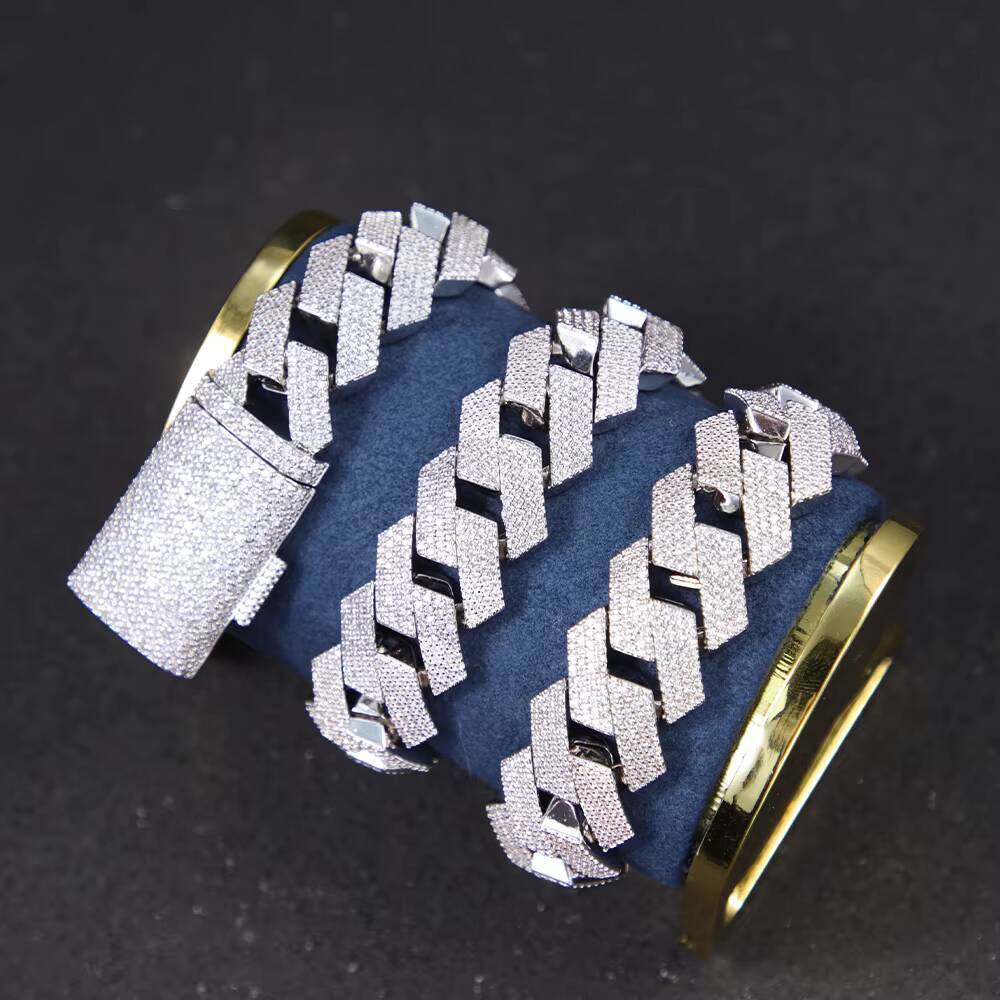 Handmade Big Chain 15mm 20mm 4rows Hip Hop Jewelry Cuban Chain 925 Sterling Silver with Round Brilliant Cut Moissanite Necklace