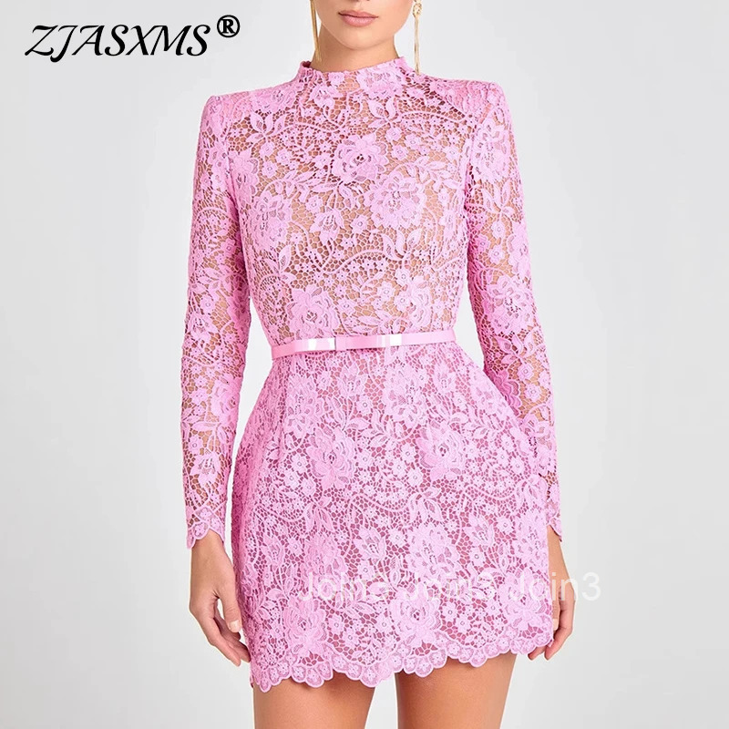 Sexy Lace See Through Hollow Crochet Dress Woman Spring Long Sleeve Sashes Slim Party Dress Summer O Neck Embroidered Mini Dress
