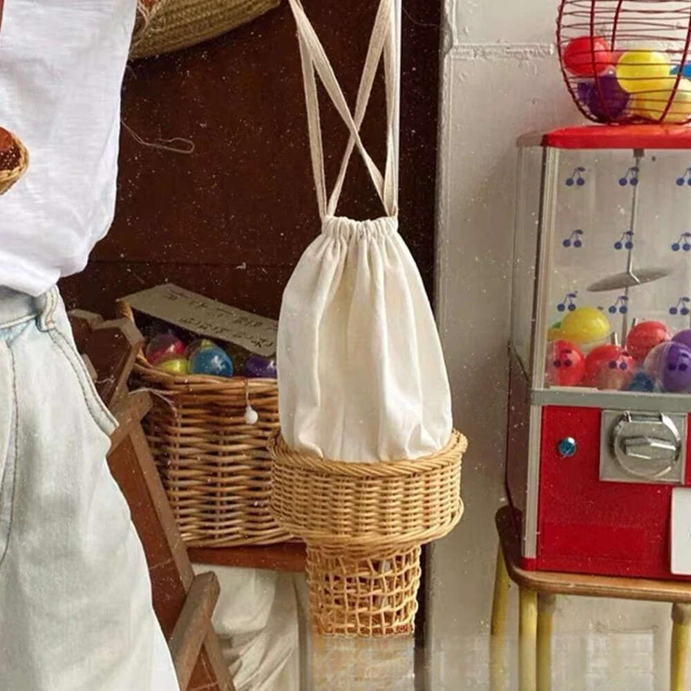 Cute Ice Cream Rattan Handbags Bohemian Wicker Woven Straw Bag Hollow Funny Purses for Women Shoulder Beach Bags