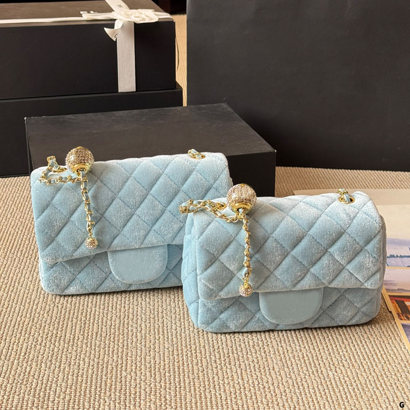 Ladies Designer Blue Velvet Evening Bag Shiny Rhinestone Decoration Metal Ball Adjustable Shoulder Chain Golden Hardware Flap Handbag Crossbody Totes 18/20cm