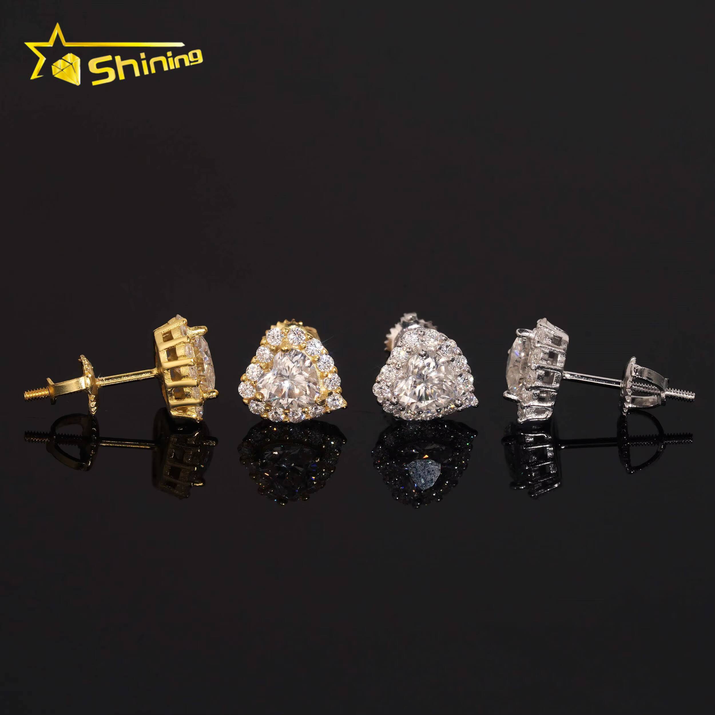 US Warehouse Fast Shipping Hip Hop Jewelry 925 Sterling Silver VVS Diamond Heart Cut Iced Out Moissanite Stud Earrings
