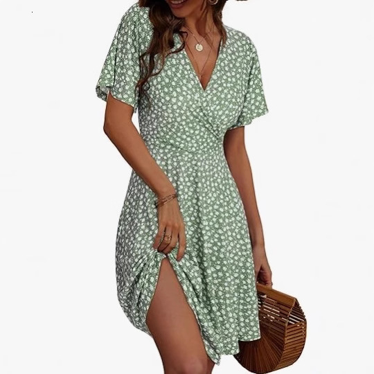 2025 European and American hot selling summer new fashion digital printed short sleeved V-neck casual printed dress in stock new designer dress