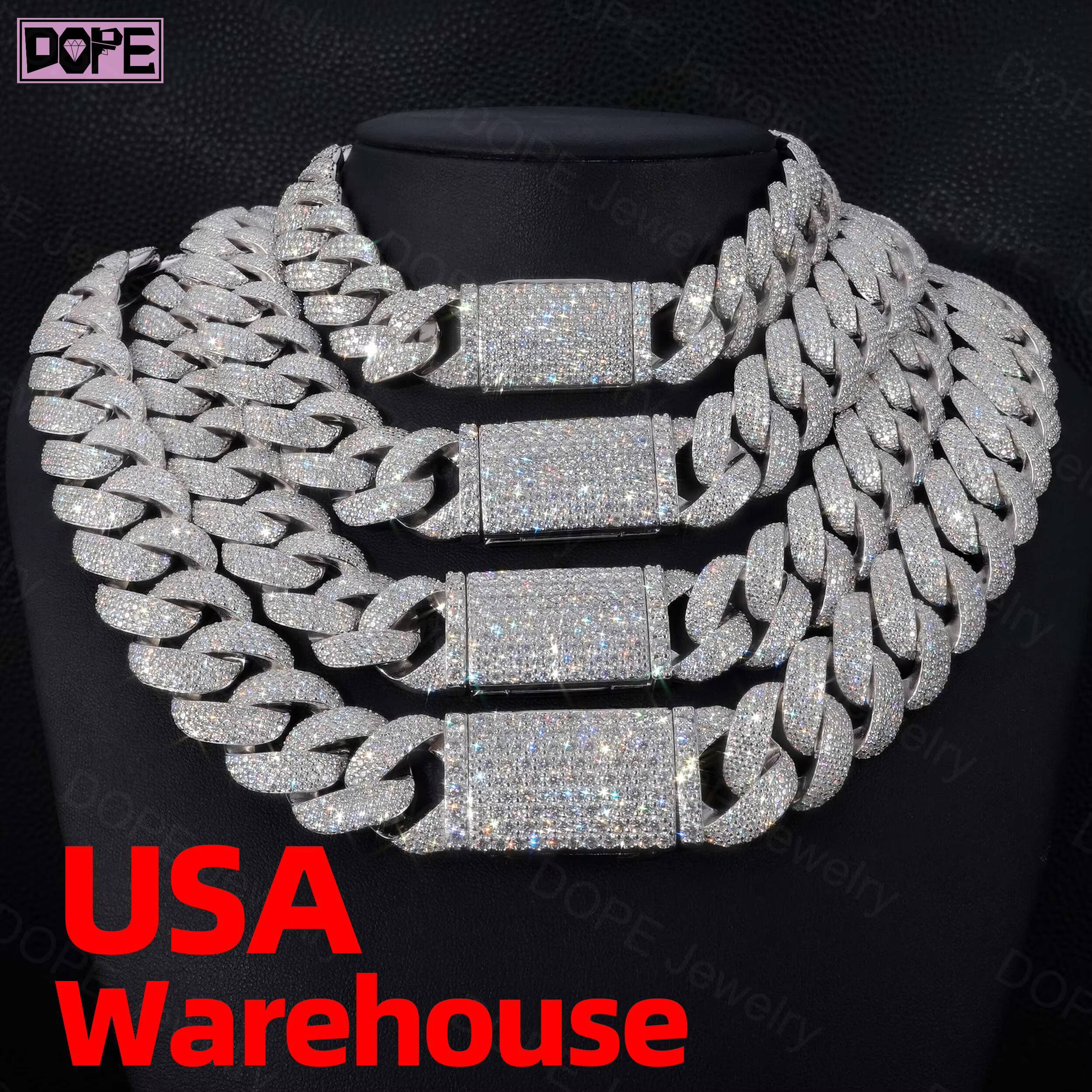 USA Stock 18mm 20mm 22mm Moissanite Chain Iced Out Jewelry 925 Silver Necklace Hip Hop VVS Moissanite Cuban Chain