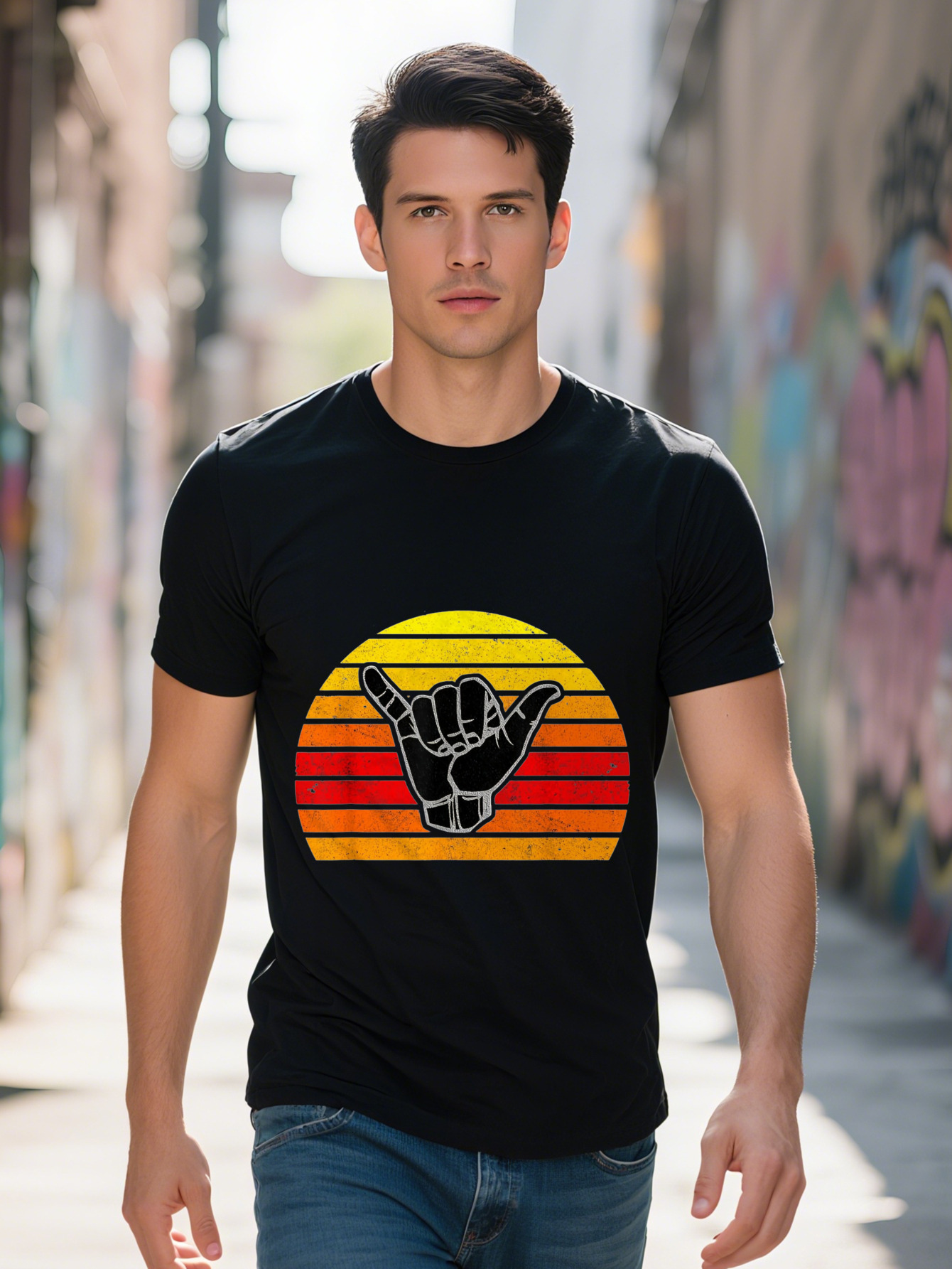 Men s g Cotton Vintage T Shirt Retro Shaka Surf Sign Graphic Black with Yellow Red Gradient Stripes Regular a732a