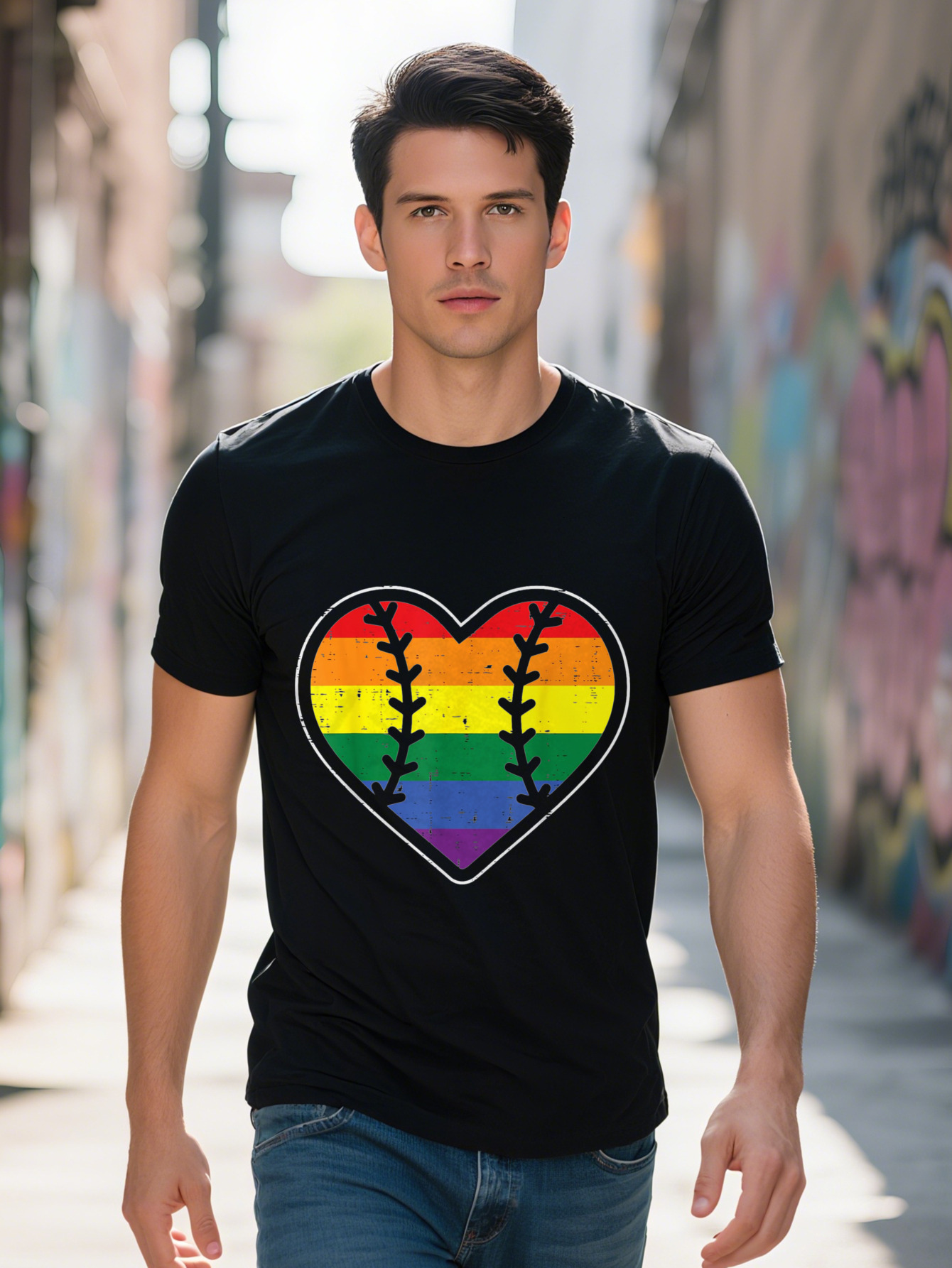 Men s LGBTQ Pride Baseball Heart T Shirt Cotton Rainbow Flag Design Comfortable Short Sleeve Round Neck cc9de